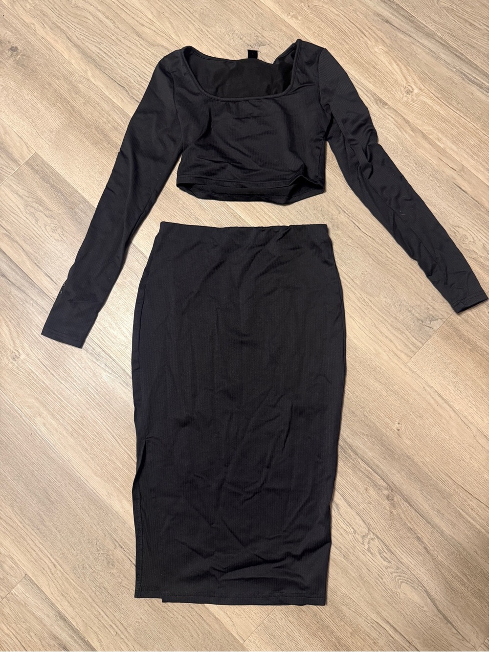 Classic Black Long Sleeve Crop Top & Pencil Skirt Set